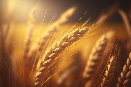 Wheat field. Ears of golden wheat close up. Rich harvest Concept.の素材