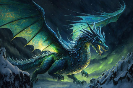 Fantasy dragon in the night sky. 3D illustration. Fairy tale.の素材