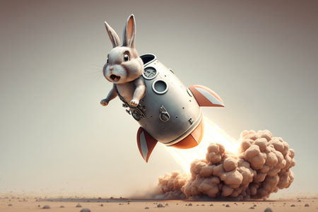 Rabbit flying on a rocket. 3D rendering. Vintage style.の素材