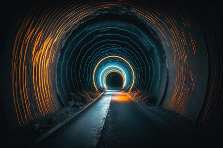 Dark tunnel with glowing neon lights. 3d rendering toned imageの素材