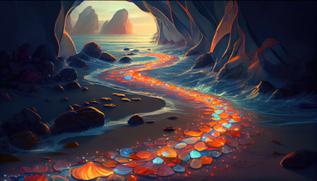 Fantasy alien planet. Mountain and river. 3D illustration.の素材