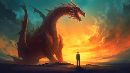 3D rendering of a businessman standing in front of a dragon with sunset backgroundの素材