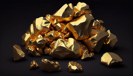 Gold nuggets on a black background. 3d render illustration.の素材