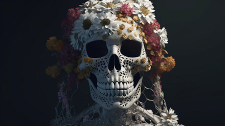 Day of the Dead skull with flowers on dark background. 3d illustrationの素材