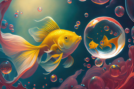 Goldfish in the water with bubbles. 3d illustration. Abstract background.の素材