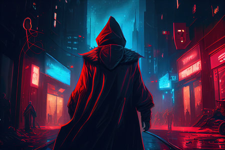 Hooded man in the city at night, 3d renderingの素材