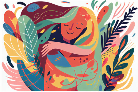 Vector illustration of a girl with long hair in a floral style.の素材
