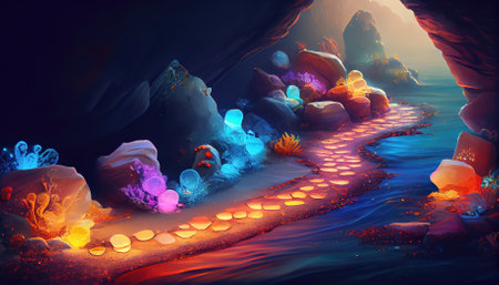 3d illustration of a path through a cave filled with colorful stonesの素材