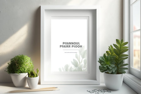 White frame mockup on the windowsill with plants. 3d renderingの素材