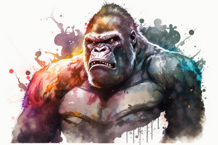 illustration of a gorilla on a white background with colorful splashesの素材