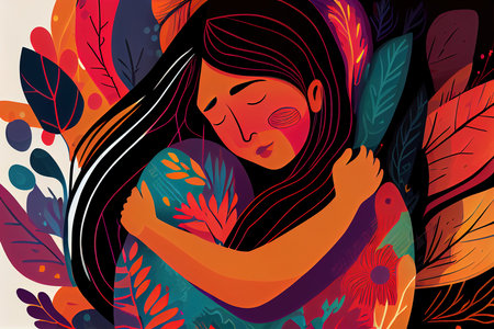 Vector illustration of a girl with closed eyes in a floral background.の素材