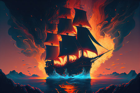 sailing boat in the sea with fire and smoke, 3d illustrationの素材