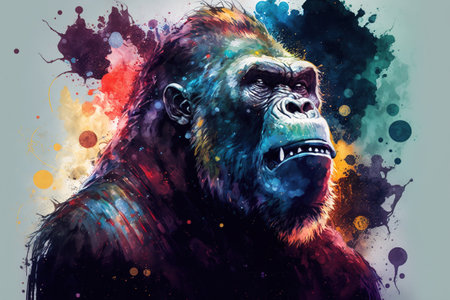 Abstract portrait of a gorilla with colorful splashes on a light background.の素材