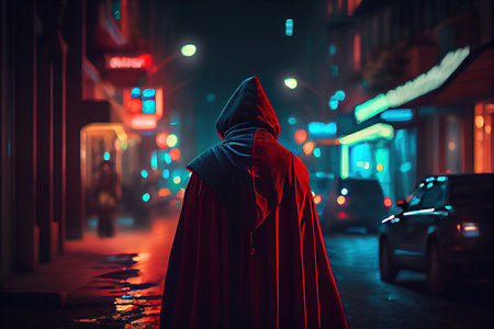 Man in red cloak with hood standing in the street at night.の素材