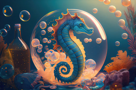 3d illustration of a seahorse in the sea with bubblesの素材