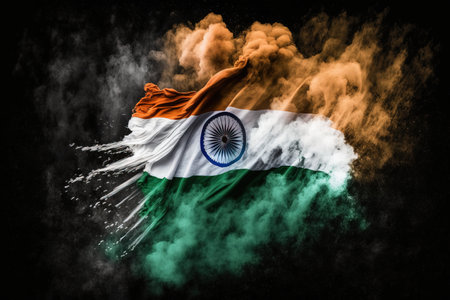 India smoke flag on black background with a trail of smoke and fogの素材