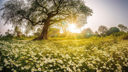 Sunset over a meadow with daisies and an oak treeの素材