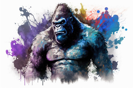 Gorilla in front of colorful splashes. Grunge backgroundの素材