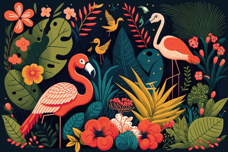 Tropical vector background with flamingos, palm leaves and flowers.の素材