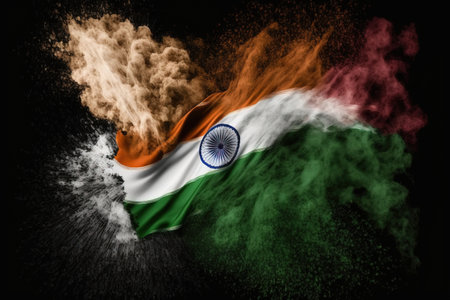 India national flag with powder explosion on black background. Indian travel and patriot concept.の素材