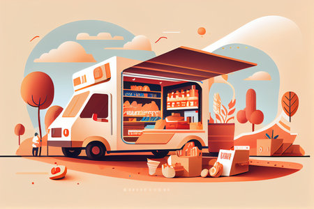 Courier delivery service. Food truck. Vector flat illustration.の素材
