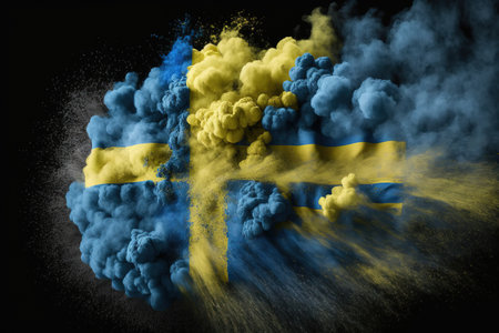 Explosion of colored smoke with a flag of Sweden on a black backgroundの素材