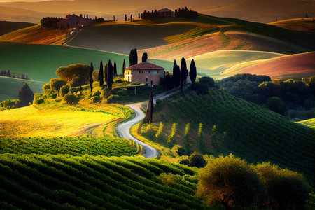 Tuscany landscape with rolling hills and cypresses at sunsetの素材