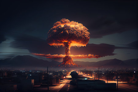 Explosion of atomic bomb against cityscape at night. 3d renderingの素材