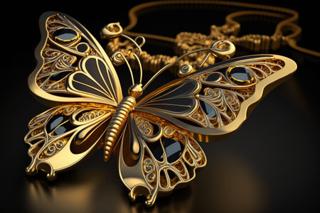 3d illustration of golden butterfly with jewelery over black background.の素材