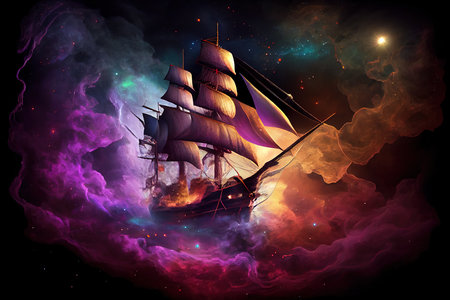 Sailing ship in space with stars and nebula. 3D renderingの素材