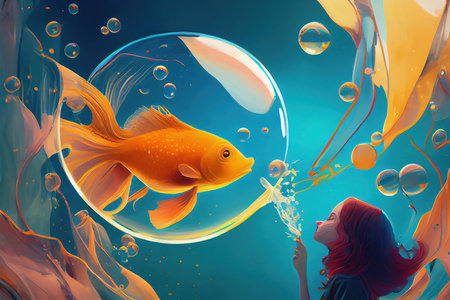 Woman and goldfish swimming in the ocean. 3D rendering.の素材