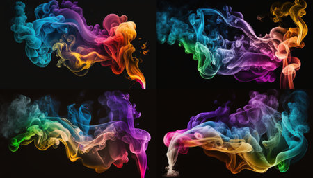 Set of multicolored smoke isolated on black background. Vector illustrationの素材