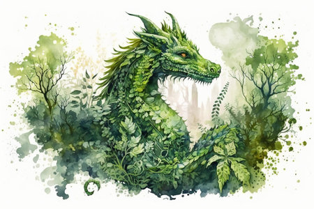 Green dragon in the forest. Watercolor hand drawn illustration on white backgroundの素材