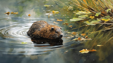 shot of a wild beaver swimming in a lake, nature seriesの素材
