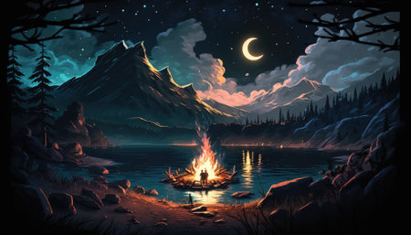 Fantasy landscape with bonfire and mountains at night. Illustrationの素材