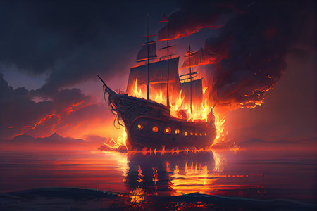 illustration of a pirate ship in the sea with fire and smokeの素材