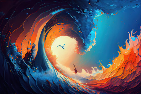 abstract background with sea wave and sun. 3d render illustrationの素材