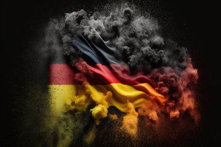 Gothic style design of Germany national flag with a cloud of dust explosion on black background.の素材