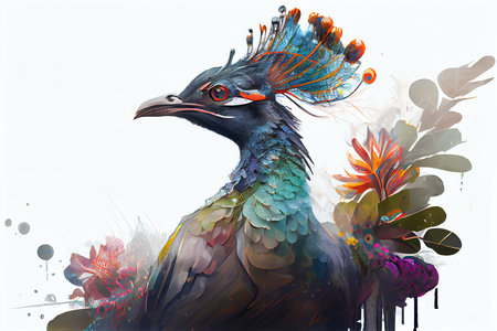 Colorful peacock with feathers on white background. Digital painting.の素材