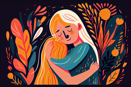 Vector illustration of a beautiful girl with long blond hair in a floral background.の素材