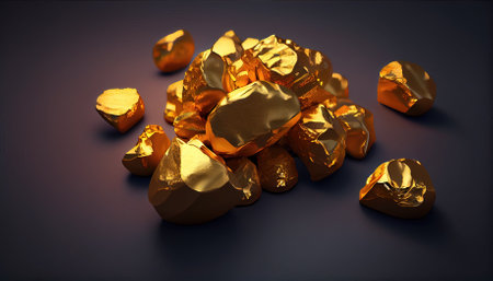 Gold nuggets on a dark background. 3d render illustration.の素材