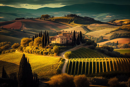Beautiful Tuscany landscape with cypresses and farmhouseの素材