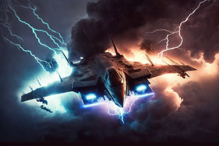 Fighter jet fighter in the sky with lightning. 3d renderingの素材