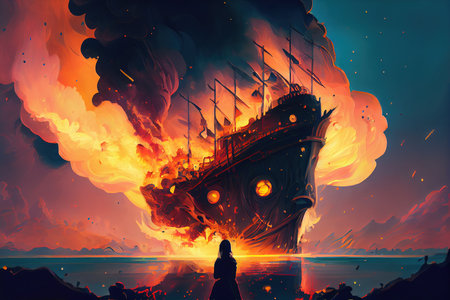 Burning ship in the sea. Illustration for your design.の素材