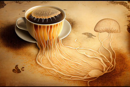 Coffee cup and jellyfish on grunge paper background.の素材