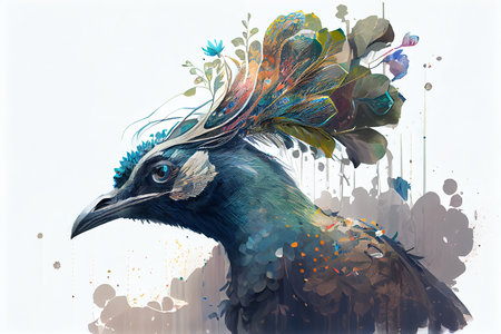 Beautiful bird with feathers and flowers on white background, illustration.の素材