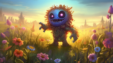Fantasy alien in the field with flowers. 3D illustration.の素材