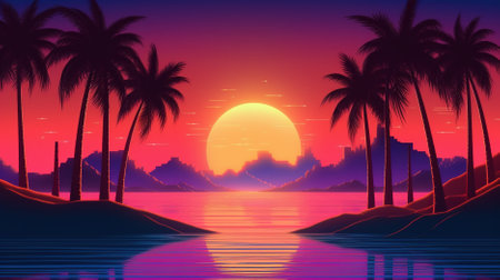 Tropical island with palm trees and sunset, vector illustration.の素材