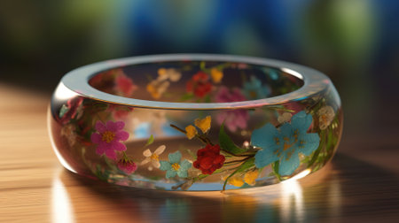 Beautiful glass bowl with colorful flowers on wooden table, closeupの素材