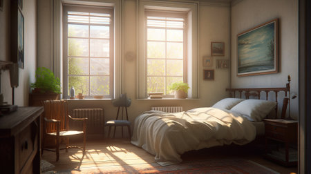 3D rendering of a bedroom in a classic style with a large windowの素材